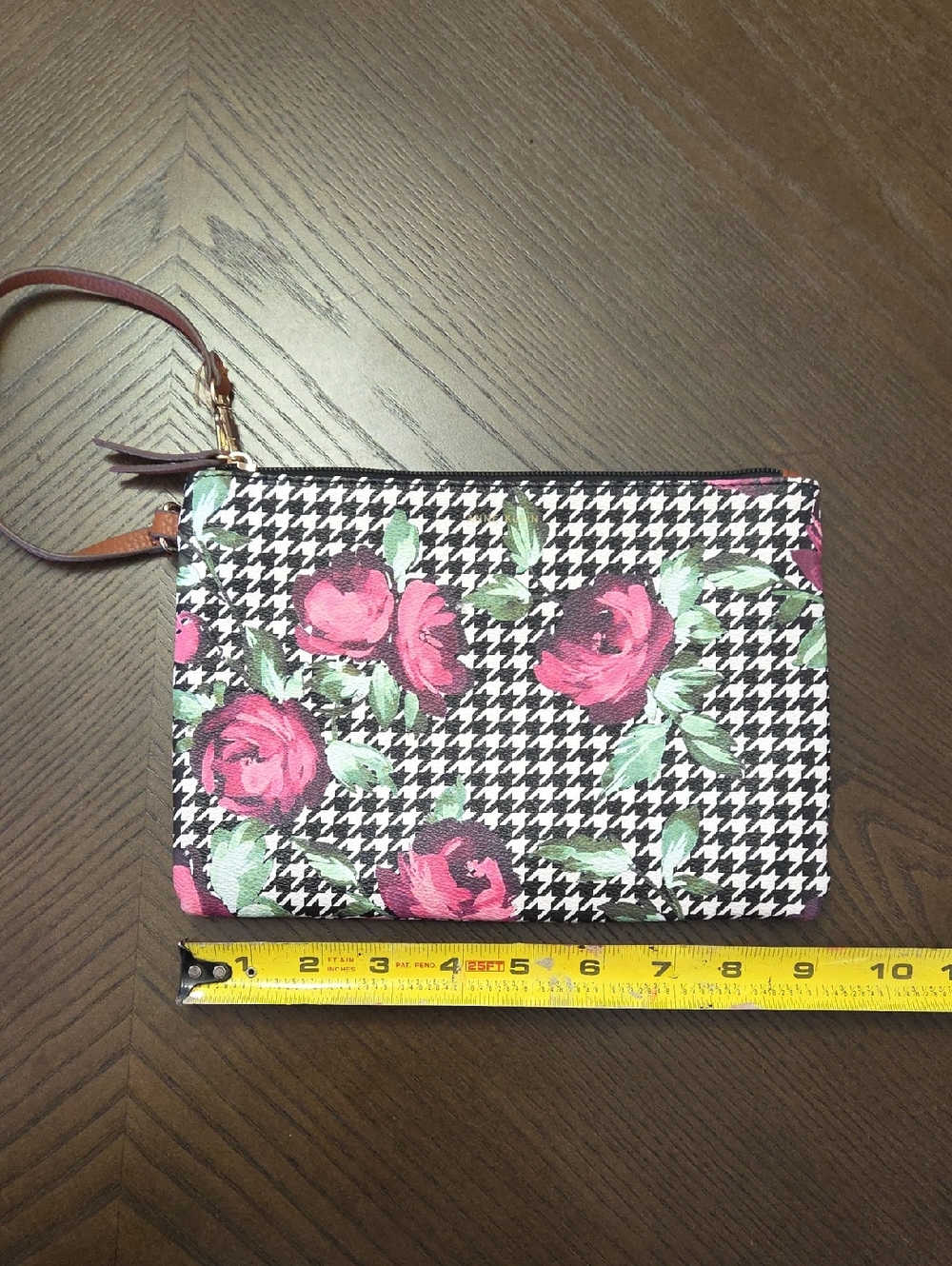Anne Klein Black & White Houndstooth Wristlet with Pink Rose Print